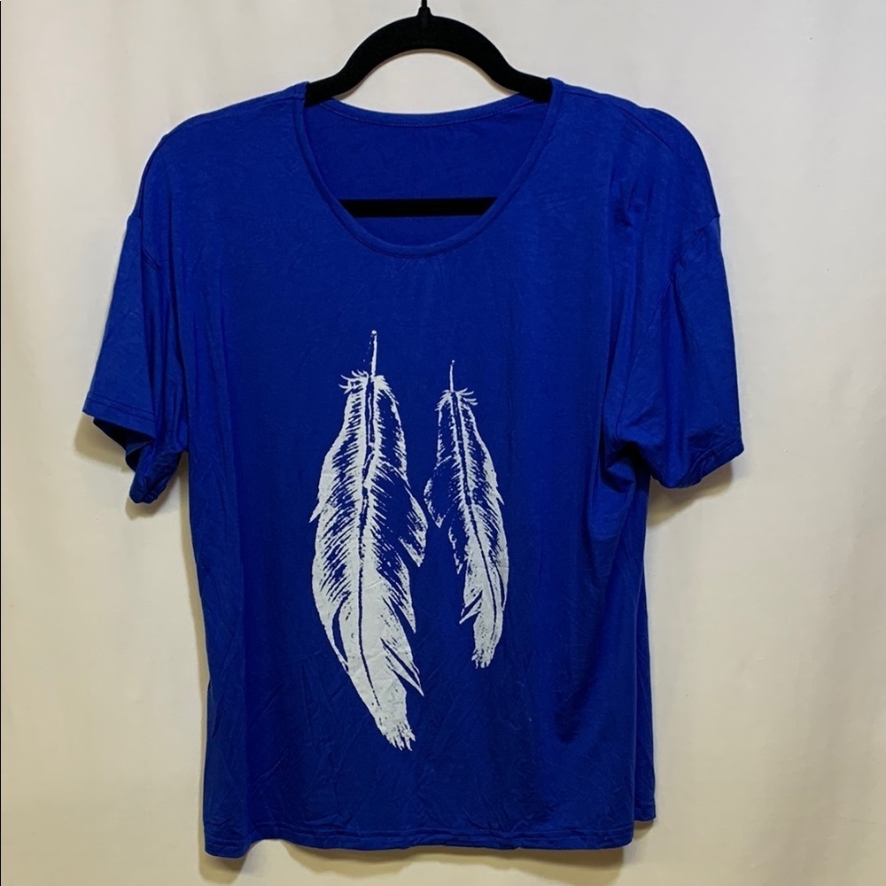 Blue T-Shirt with White Feather Design - Picture 1 of 2
